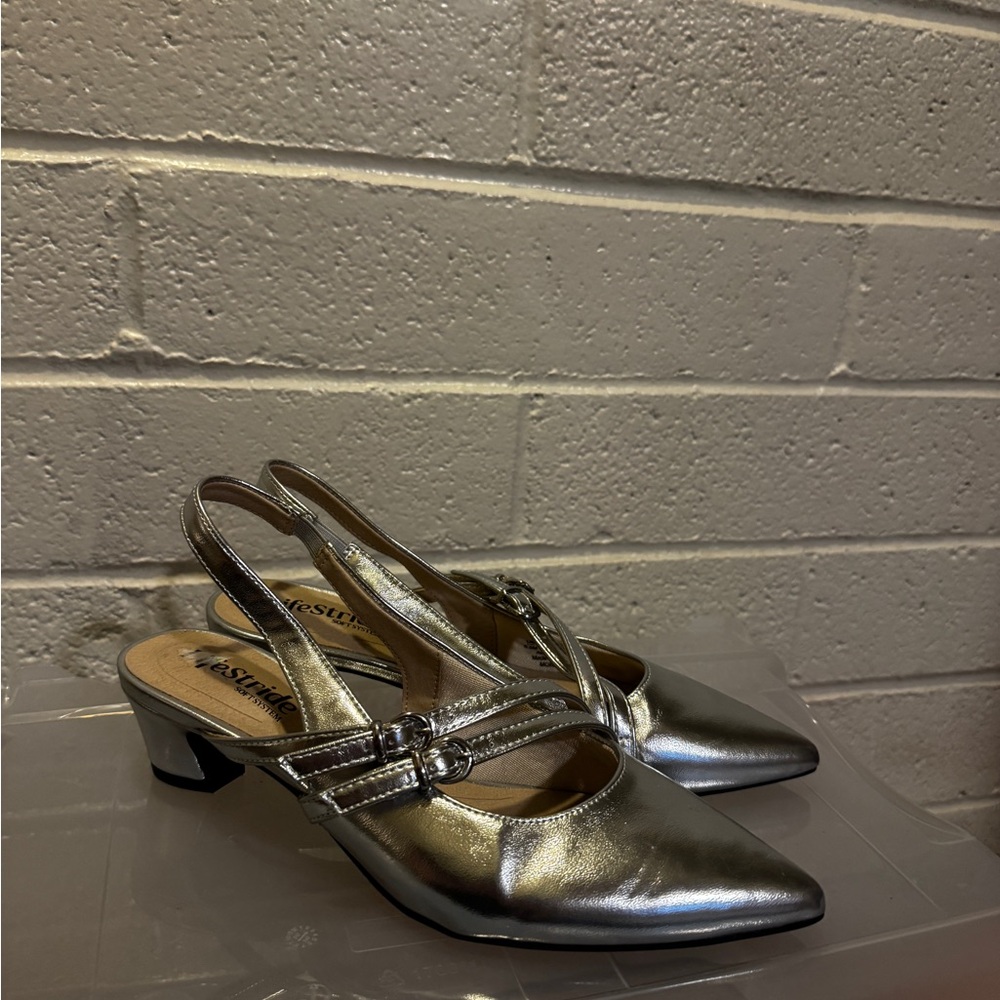 Life Stride Silver Metallic Slingback Pointed-Toe Flats